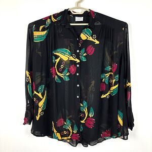Future Ozbek Black Floral Semi-Sheer Swing Blouse *no size* 80s 90s whimsigoth